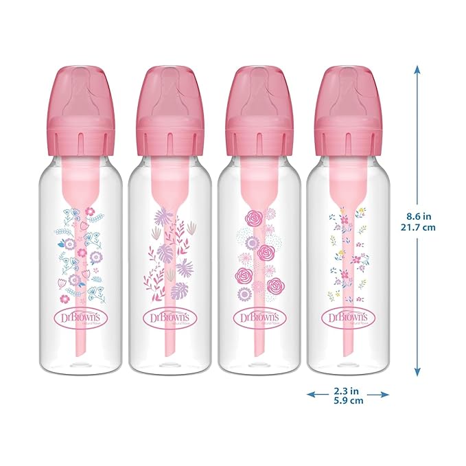 Dr. Brown's Natural Flow Anti-Colic Options+ Narrow Baby Bottles, Pink Floral & Blue Nature, 8 oz/250 mL , Level 1 Slow Flow Nipples, 0m+, 8 Pack