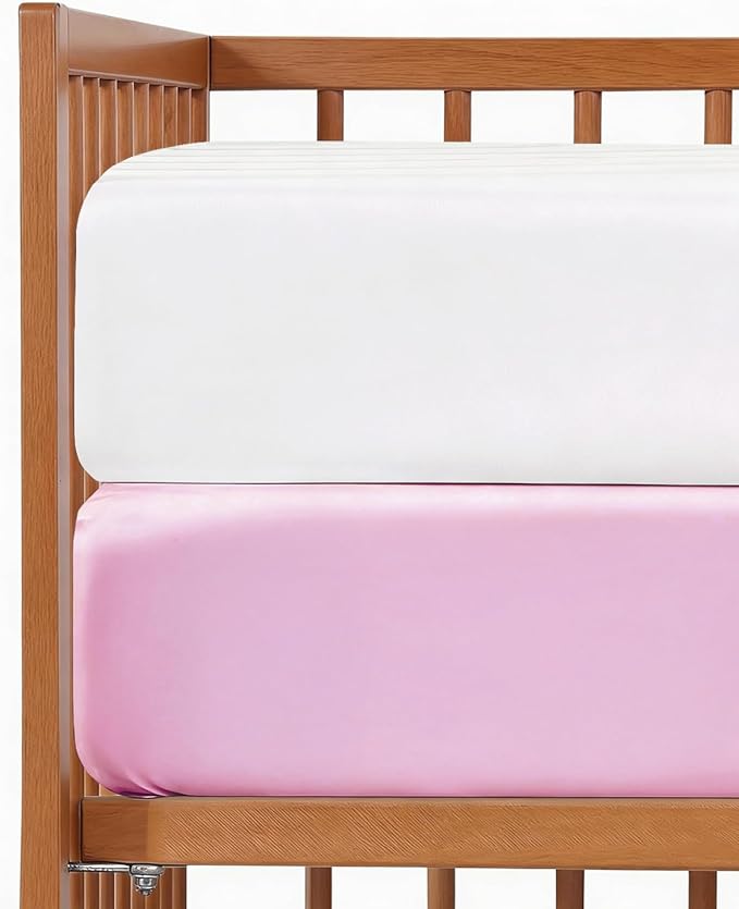 2-Pack Mini Crib Sheets Fitted - Pack N Play Sheets for Pack and Play Mattress - Stretchy Soft Microfiber Playard Bedding - Mini Toddler Bed Cover for Boys & Girls - Oeko-Tex - 38 x 24in, White/Pink