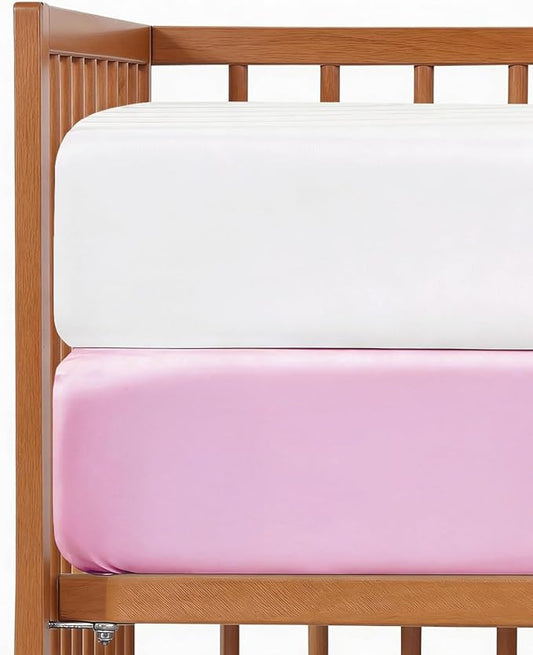 Baby Crib Sheets for Boys & Girls - Pack of 2 Fitted Microfiber Crib Sheets for Standard Crib & Toddler Mattress - Soft, Breathable & Wrinkle Free - Machine Washable, Oeko Tex, 52x28x8in - White/Pink