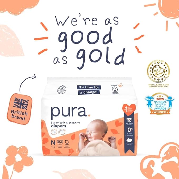 Pura Newborn Baby Diapers Size N (Up to 10 lbs), 3 Pack (84 Hypoallergenic Diapers) Totally Chlorine Free (TCF), Disposable Diapers for Sensitive Skin, Blowout Protection & Wetness Indicator