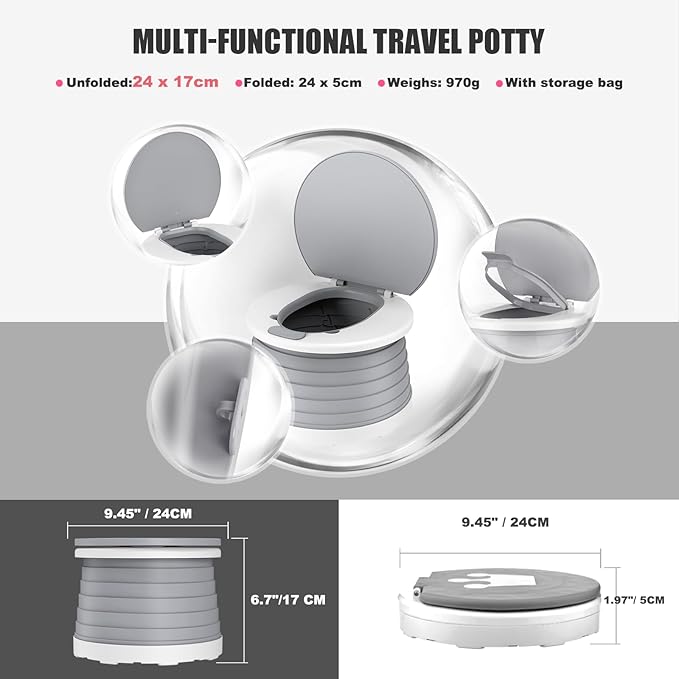 Portable Potty for Toddler Travel Foldable Potty Seat for Toddler Training Toilet for Kids Boys Girls Car On The Go Potty Travel Toilet Chair for Camping Park Indoor/Outdoor (Grey)
