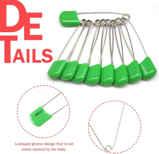 50 PCS Safety Pin 54mm/2.2in Baby Diaper for Cloth Plastic Head Baby for Diapers Stainless Steel Cloth with Locking Closures Nappy for Crafts（DT/Green）