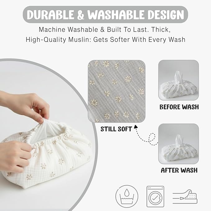 Baby Wipes Cover – Universal Size, One Size Fits All Wipes Packages | Muslin Cotton Tissue Cover for Nursery, Diaper Bag & Changing Table, Station | Gingham & Neutral Patterns (Cream Daisy)