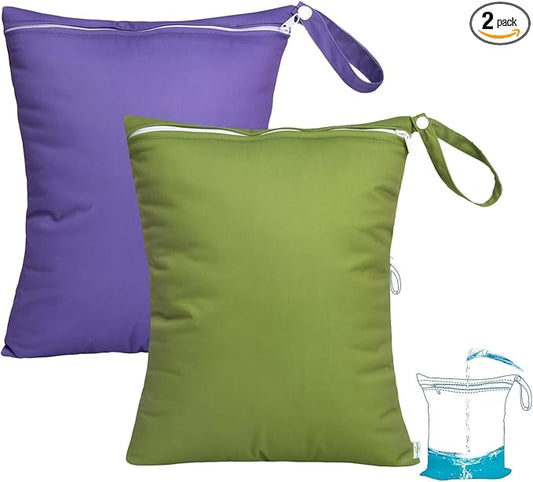 babygoal Wet Dry Bags 2 Pack for Swimsuits, Waterproof Bag for Travel, Food Storage, Stroller, Daycare, Baby Diapers, Yoga, Beach, Pool, Wet Clothes-Purple and Army Green