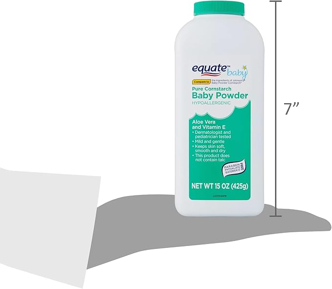 Pure Equate Cornstarch Baby Powder, Hypoallergenic, alloe Vera, Vitamin E, 15 oz Each, Pack of 2.