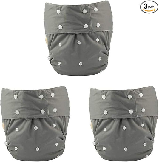 Adult Cloth Diaper Cover Nappy Reusable Washable Adjustable for Disability Incontinence Person (Grey-3PCS)