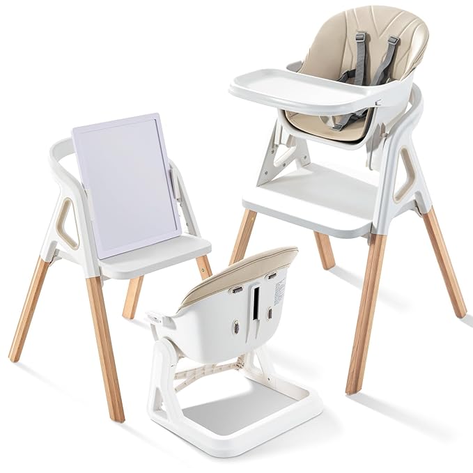 Baby High Chair, Babies and Toddlers Convertible Slim High Chair with 6 Growing Stages from Infant to Toddler Seating with Removable Tray, Easy to Clean,Beige Cushion