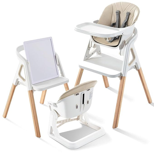 Baby High Chair, Babies and Toddlers Convertible Slim High Chair with 6 Growing Stages from Infant to Toddler Seating with Removable Tray, Easy to Clean,Beige Cushion