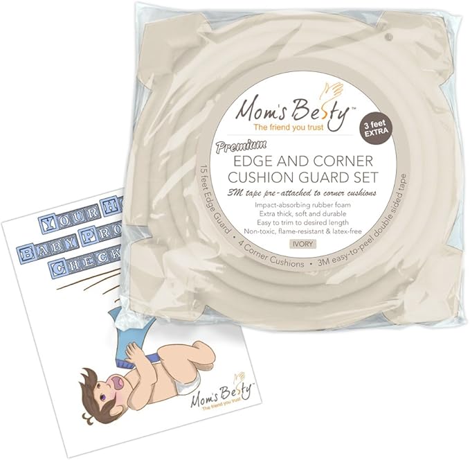 Mom's Besty Extra Dense Child Safety Protectors & Furniture Bumpers Set – 16.2 Ft. Total Coverage (15 Ft. Edge & 4 Taped Corner Guards) - Ivory White - Free Home Baby Proofing Checklist