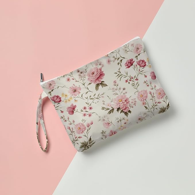 Fokongna Floral Print Wet Bag, Small Portable Waterproof Multi-Functional Organizer for Women, Cream Background Pink Floral, Ideal for Daily, Beach & Travel