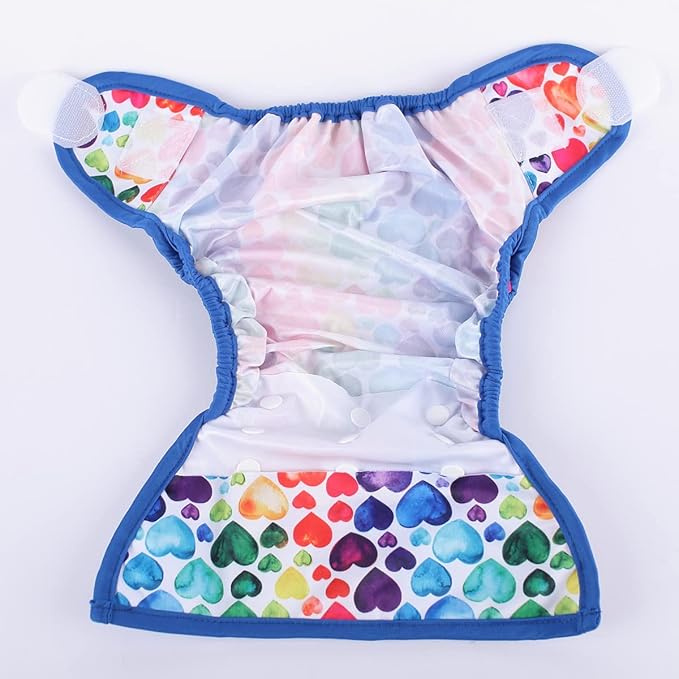 Baby Cloth Diaper Cover Nappy Hook and Loop Double Gusset 6.6lbs to 33lbs (Raibow Hearts Blue), 1 Count