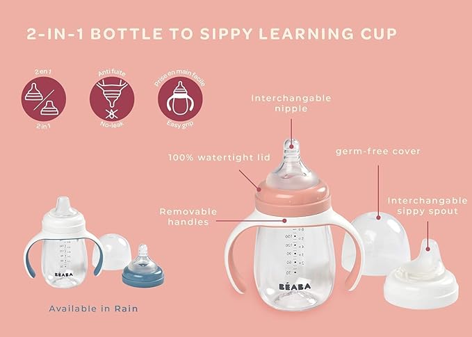 BEABA 2-in-1 Baby Bottle to Transition Sippy Cup, No Spill Sippy Cup, Includes Removable Handles, Silicone Baby Bottle Nipple and Soft Spout, 7 oz Terracotta