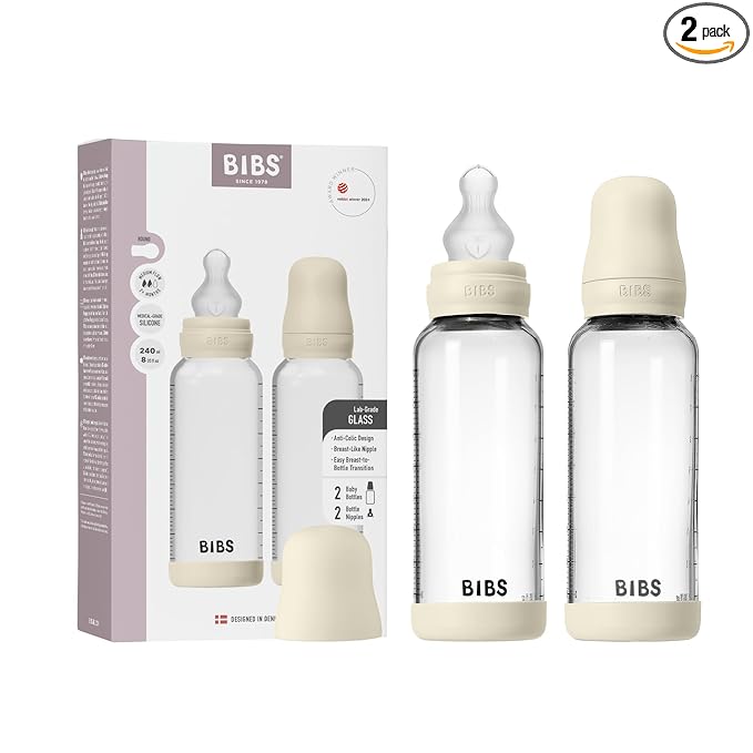 BIBS Glass Baby Bottles 2-Pack, 8.1 Oz. Anti-Colic System for Gas Reduction. Vented Round Silicone Nipple. Supports Infant and Newborn Breastfeeding - 240 ml (Pack of 2), Ivory