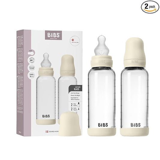 BIBS Glass Baby Bottles 2-Pack, 8.1 Oz. Anti-Colic System for Gas Reduction. Vented Round Silicone Nipple. Supports Infant and Newborn Breastfeeding - 240 ml (Pack of 2), Ivory