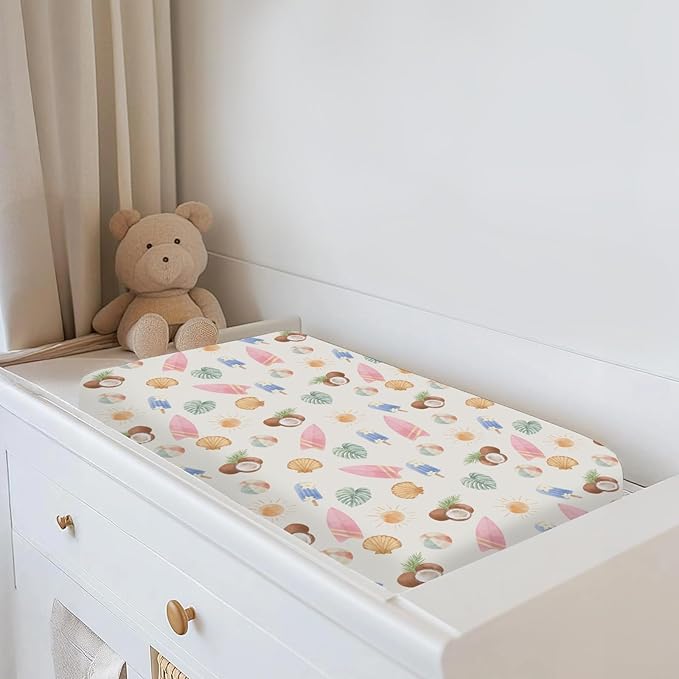 Neutral Summer Beach Changing Pad Covers for Baby Girls Boys Surfboard Coconut Seashells Sun Balls Fitted Change Table Pad Covers Mats Seaside Holiday Soft Diaper Changing Pad Sheets 32''×16''