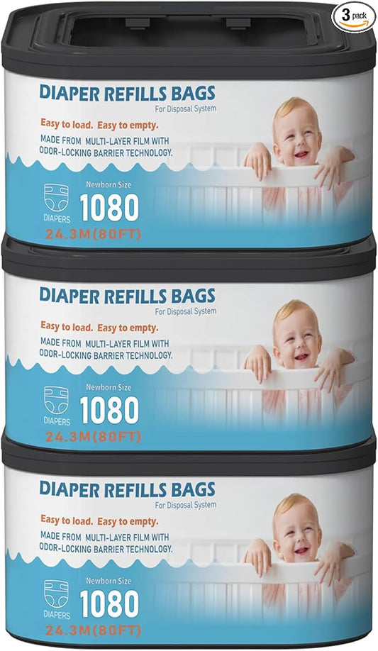 Jumbo+ Square Refills Disposal Bags Refill (Baby Powder Scent) Compatible with Diaper Genie Classic, Compact and Select Pails, Hold Up to 1080 Newborn-Sized Diapers Per Refill, 3 Pack