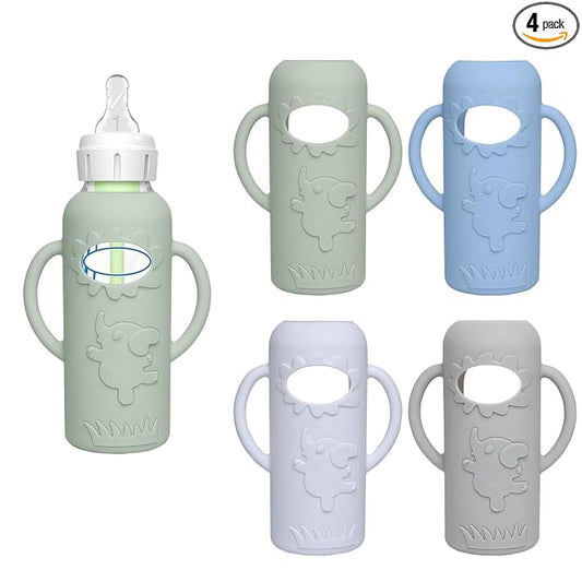 4 Pack Silicone Sleeves for Dr. Brown's Glass Baby Bottles -Drop Protection Easy-Grip Baby Bottle Sleeves Holder with Handles, Compatible with Dr. Brown's Newborn Glass Bottles 8 oz/250 mL
