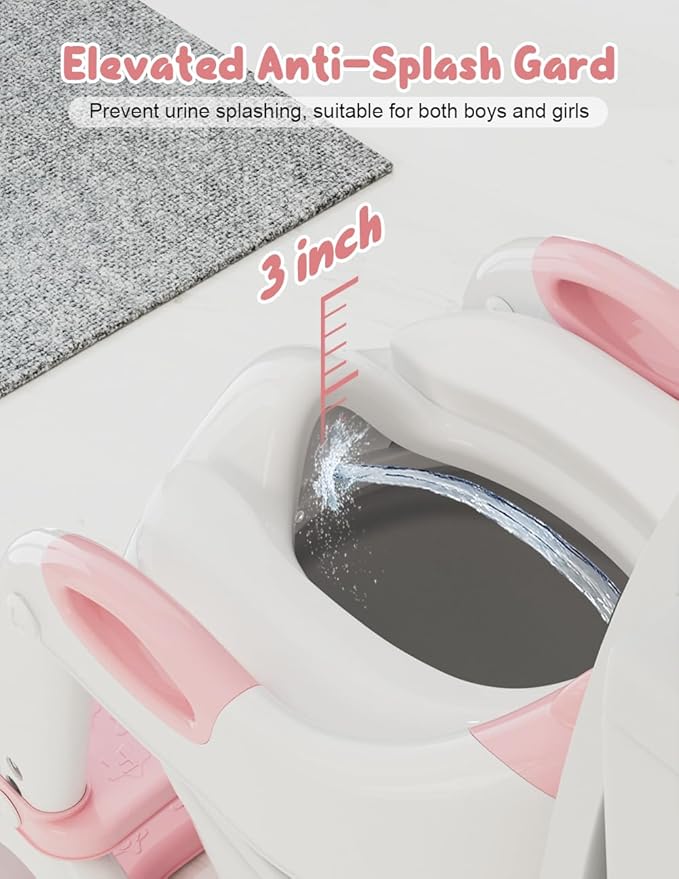 Potty Training Seat with Step Stool, Toddler Potty Training Toilet Seat with Non-Slip Step Splash Guard Safety Handles and Waterproof Cushion, 2 In 1 Toddler Potty Seat