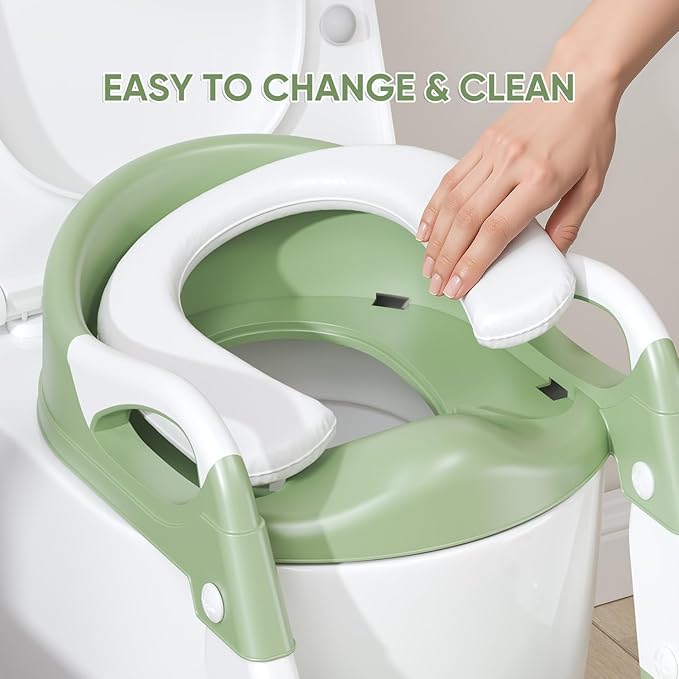 3-in-1 Potty Training Seat & Training Toilet & Potty Chair, Height AdjustableToddler Toilet Seat for Kids, Foldable Potty Training Toilet with Splash Guard & Anti-Slip Steps (Green)