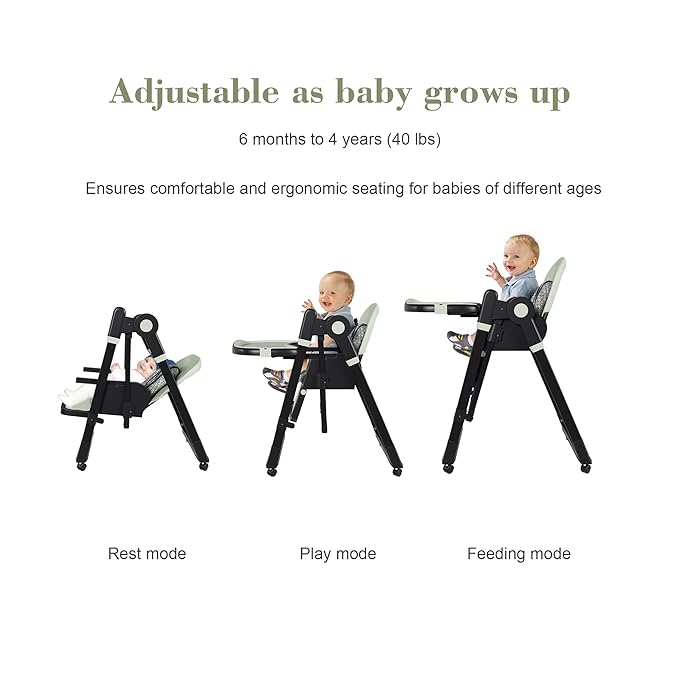Foldable High Chair for Toddlers with Removable Double Tray & Storage Basket, 5 Height Levels Baby Eating Chair,3 Recline & Footrest Positions, Lockable Wheels,Easy Clean Feeding Chair (Green)
