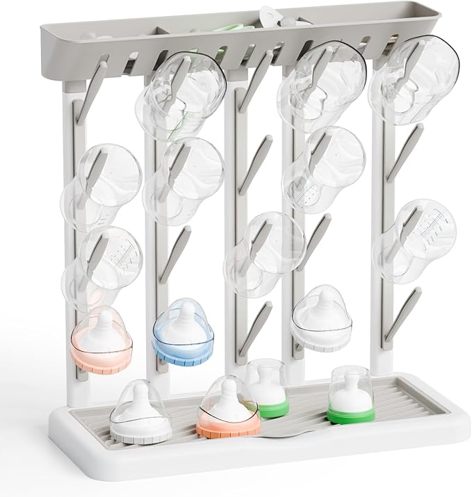 Yieach Larger Baby Bottles Drying Rack for 20 Bottles,Space Saving Feeding Drying Rack for Baby Bottles for Countertop,Vertical Baby Bottle Holder & Storage Station for Pacifiers,Breast Pump,Grey