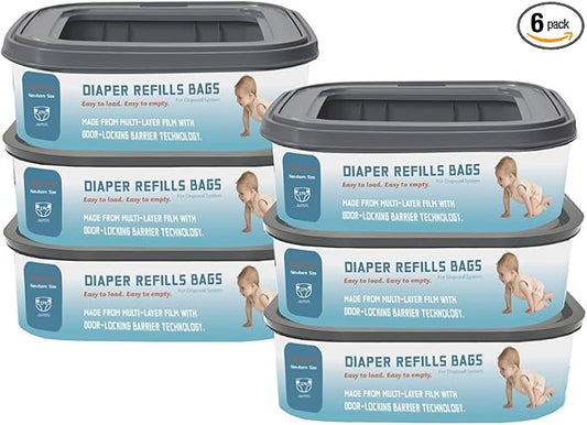 Standard Square Refills Disposal Bags Refill Compatible with Genie Diaper Compact, Select Pails (Not Fit Classic Version Pails), Hold Up to 270 Newborn-Sized Diapers Per Refill, 6 Pack