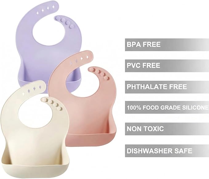 PandaEar Set of 3 Silicone Baby Bibs Waterproof, Soft, Unisex, 10-72 Months (Pink/Purple/Linen)