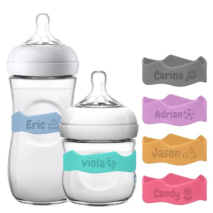 Baby Bottle Labels Personalized, Custom Silicone Water Bottle Name Bands for Daycare Reusable, Laser Engraving Bottle Name Tags, Waterproof Customized Kids Cups Grip Straps for School