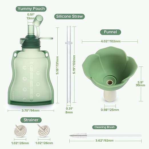 haakaa Fill & Go Yummy Pouch ＆ Flower Funnel Combo - Pea Green Pouch (2pcs) + Spring Green Funnel