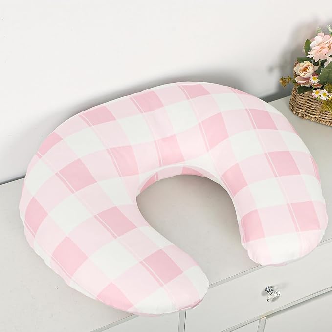 DILIMI Nursing Pillow Cover, Stretchy Removable Case for Breastfeeding Pillows, Ultra Soft Comfortable Slipcover for Baby Girl and Boy, Pink Checkered