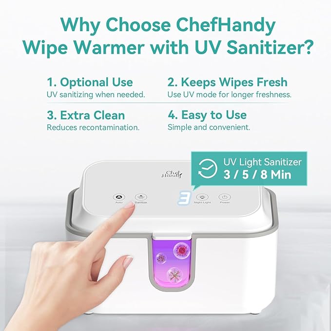 Wipe Warmer for Adult Size Wipes, Baby Wipes Warmer, Large Capacity Wet Wipes Dispenser with UV Sanitizer, Adjustable Temperature, Night Light, Silent Heating, Diaper Wipe Warmer, White
