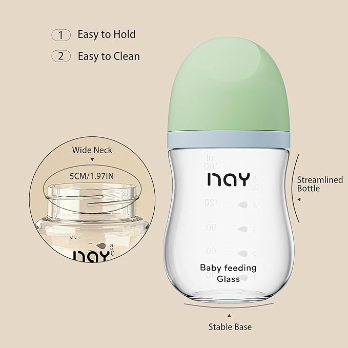 yanyoyo Natural Glass Baby Bottle Wide Neck, Anti-Colic Baby Bottle, Clear, 5.4oz(Pack of 2), Includes 2Pcs Natural Response Nipple(S), 1 Months+