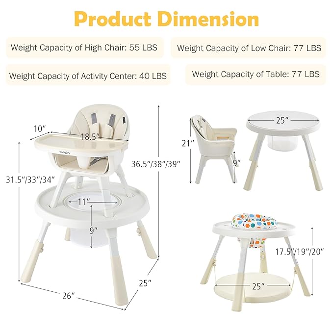BABY JOY 7 in 1 Baby High Chair, Convertible High Chairs for Babies and Toddlers, Building Block Table, Toddler Chair with Adjustable Legs, Removable Tray, Storage Basket, Safety Harness (Beige)