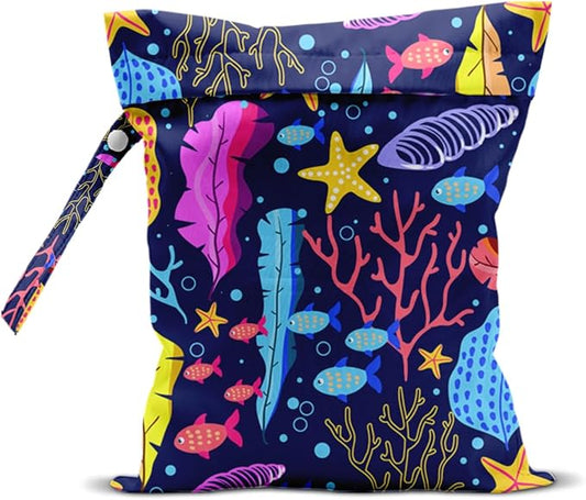 Wet Bag, Wet Dry Bag, Waterproof Swim Bags, Machine Washable Reusable Bags for Beach, Pool, Diapers, and Dirty Yoga Gym Clothes(Colorful Coral Reef Fish Starfish Print