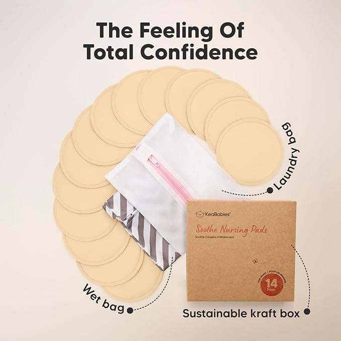 14-Pack Reusable Nursing Pads for Breastfeeding - Soft & Absorbent 4-Layers Washable Breast Pads for Leaking Milk, Viscose from Bamboo Breastfeeding Essentials,Nipple Covers(Bare Beige, L 4.8")