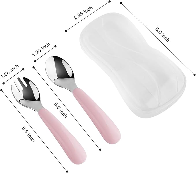 Kirecoo 2 Set Toddler Utensils, Toddler Forks and Spoons, Stainless Steel kids Silverware Set, Designed for Self Feeding Flatware Utensils with Travel Carrying Cases BPA Free (White & Pink)