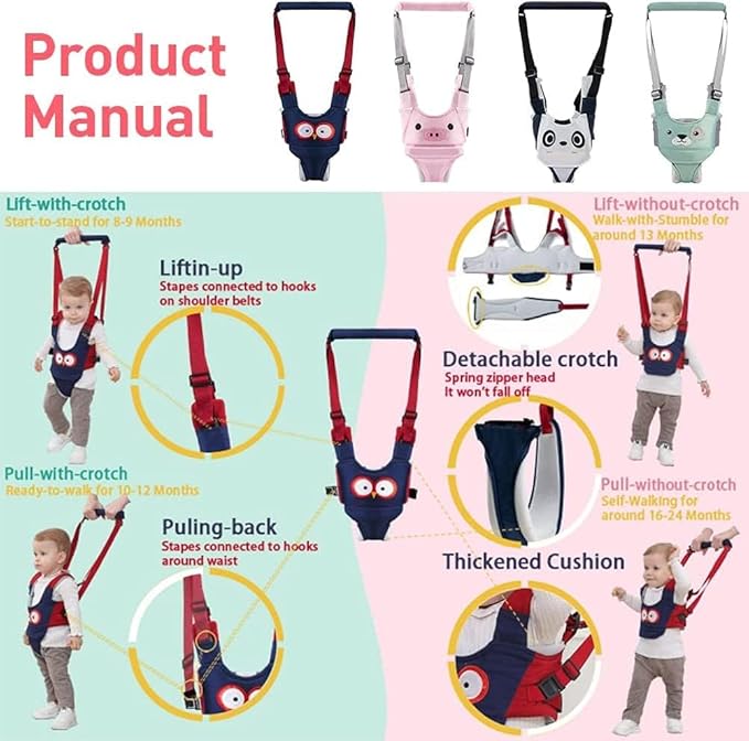 Baby Walking Harness, Handheld Kids Walker Helper, New Upgrade Breathable and Adjustable Toddler Infant Walker Harness Assistant Belt with Instructions for 7-24 Month (Pink)