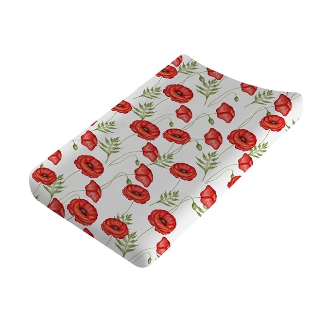 Boho Retro Poppy Flowers Leaves Baby Changing Pad Covers for Boy Girl 32''x16'' Red Poppy Floral Spring Blossom Fitted Diaper Change Table Sheet Wild Plants Soft Breathable Nursery Changing Table Mats