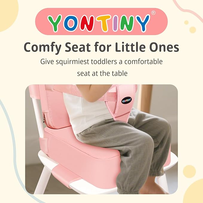 Toddler Booster Seat for Kitchen Chair with Removable Backrest & Adjustable Straps, PU Portable Waterproof & Non-Slip Booster Seat for Dining Table, Travel Child Eating Cushion - Pink