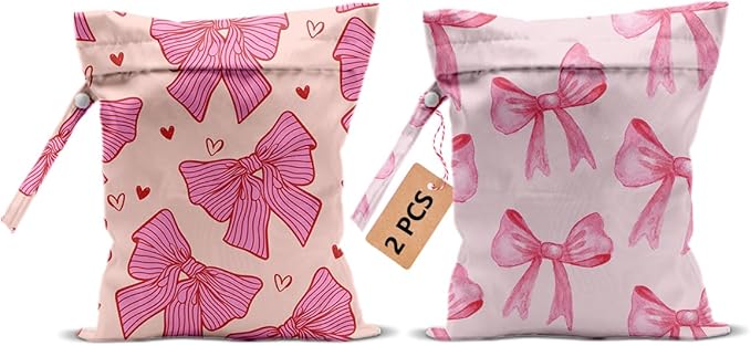 2Pcs Pink Bow Wet Bags 12x10 Inch, Heart Waterproof Travel Laundry Bags, Washable Reusable Wet Dry Bag for Swimsuit Pool Beach Diapers Dirty Yoga Gym Clothes, Pink Gifts for Women Friend Travelers
