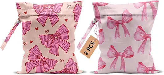 2Pcs Pink Bow Wet Bags 12x10 Inch, Heart Waterproof Travel Laundry Bags, Washable Reusable Wet Dry Bag for Swimsuit Pool Beach Diapers Dirty Yoga Gym Clothes, Pink Gifts for Women Friend Travelers