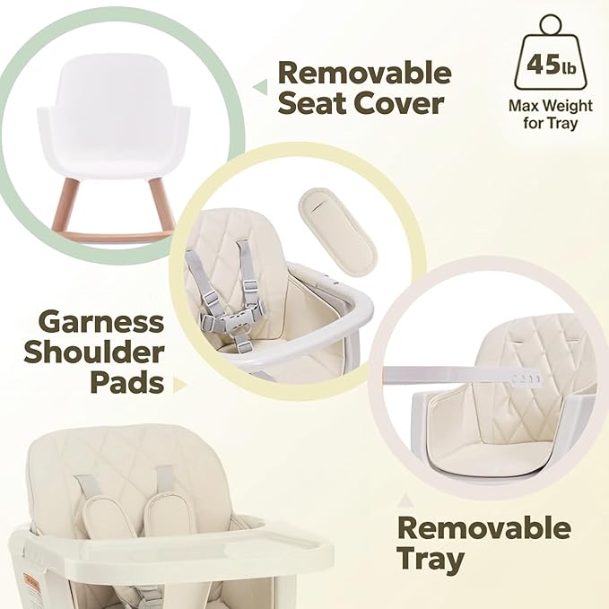 Mallify 3-in-1 Wooden High Chair, Convertible High Chairs for Babies and Toddlers, Baby Highchair with Adjustable Legs & Dishwasher-Safe Tray, Sleek Hardwood & Premium PU Cushion, Beige
