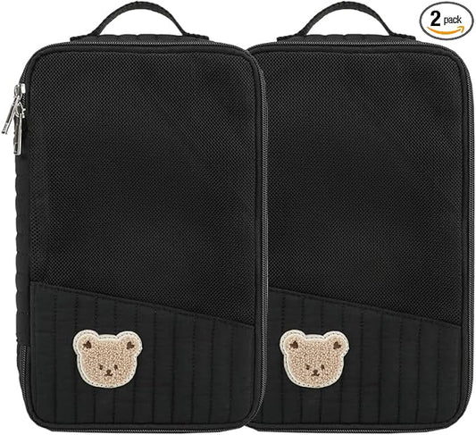 MOMIGO Baby Diaper Bag Organizer Pouches - 2 Pack Waterproof Pod Hanging Diaper Bag Cute Rabbit Bear Mesh Bag Reusable, Washable or Baby Cloth Diapers (Black)