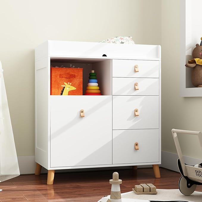 Baby Dresser with Changing Table Top, 5 Drawers Nursery Dresser with Removable Guard, Infant Diaper Changing Station Baby Cloth Organizer for Nursery and Kids Bedroom, White - 33.5" W