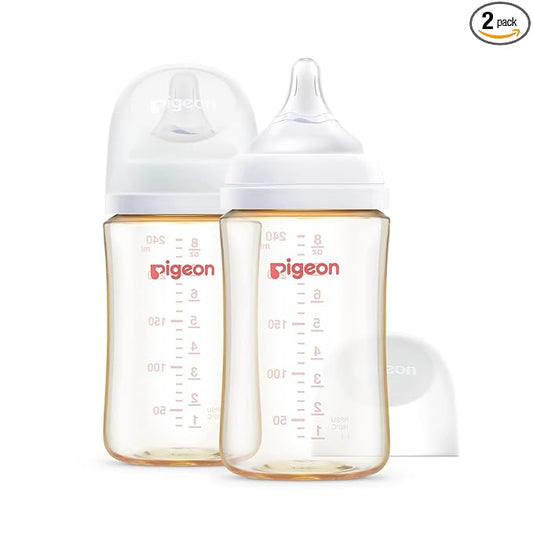 Pigeon PPSU Nursing Baby Bottle Wide Neck, Anti-Colic, Streamlined Body, Natural Feel, Easy to Clean, 8 Oz (Pack of 2), Includes 2pcs M Nipples (3m+)