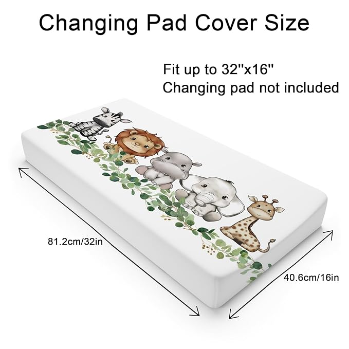 Baby Safari Animals Changing Pad Cover Cute Lion Elephant Giraffe Zebra Hippo Green Eucalyptus Leaves Change Table Pad Cover for Boys Girls Soft Stretch Fitted Diaper Changing Mat Sheets 32''x16''