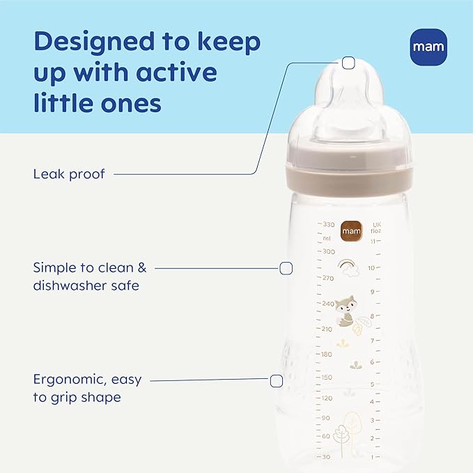 MAM Easy Active Baby Bottle 4 Pack, 11oz, BPA Free, Fast Flow Silicone Nipple, Anti-Slip Grip, Leak-Proof, 4+ Months, Blue Teal