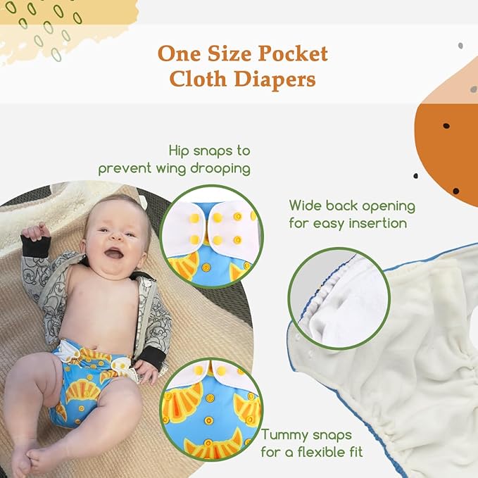 KaWaii Baby Reusable Cloth Diaper Bundle- 4 Printed Snap + 8 Premium Diaper Inserts One Size Adjustable Newborn to Potty Trained Toddler - Sun Shower