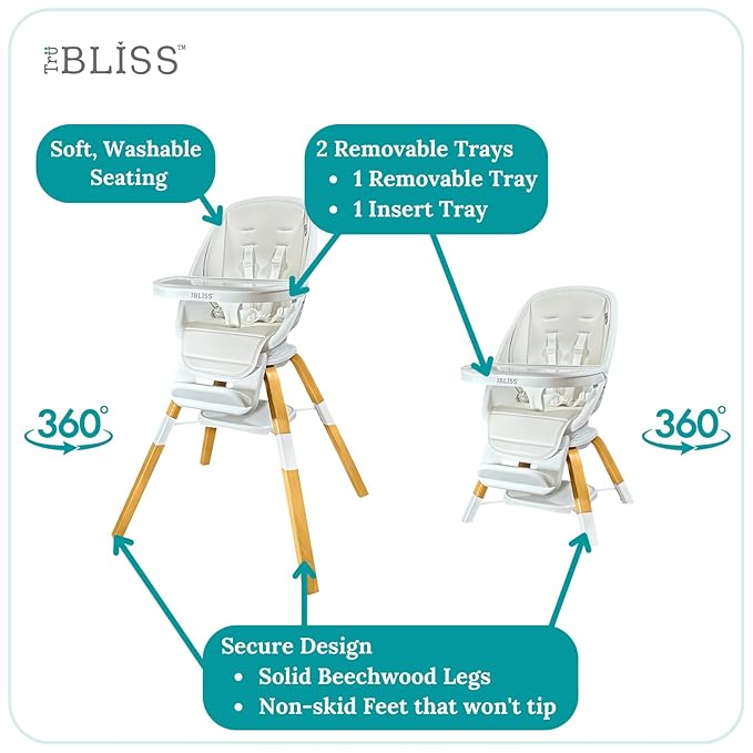 TruBliss Turn-A-Tot High Chair for Babies and Toddlers, 2 in 1 Wooden Portable Baby Feeder or Adjustable Child's Seat with 360 Degree Swivel, Removable Tray, and Pad (Cream)