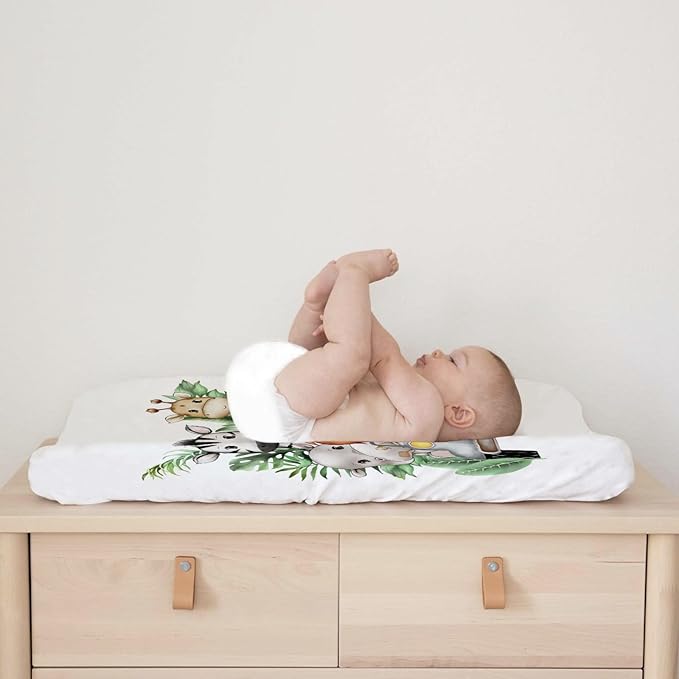 Jungle Safari Animals Truck Tropical Leaves Changing Pad Cover Lion Elephant Zebra Giraffe Hippo Diaper Change Table Sheets for Girl and Boy Soft Stretchy Fitted Changing Mat Sheets 32''x16''